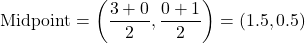 \[\text{Midpoint} = \left(\frac{3+0}{2}, \frac{0+1}{2}\right) = (1.5, 0.5)\]