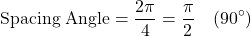 \[\text{Spacing Angle} = \frac{2\pi}{4} = \frac{\pi}{2} \quad (90^\circ)\]
