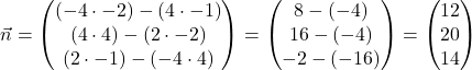 \[\vec{n} = \begin{pmatrix} (-4 \cdot -2) - (4 \cdot -1) \\ (4 \cdot 4) - (2 \cdot -2) \\ (2 \cdot -1) - (-4 \cdot 4) \end{pmatrix} = \begin{pmatrix} 8 - (-4) \\ 16 - (-4) \\ -2 - (-16) \end{pmatrix} = \begin{pmatrix} 12 \\ 20 \\ 14 \end{pmatrix}\]