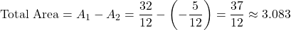 \[\text{Total Area} = A_1 - A_2 = \frac{32}{12} - \left(-\frac{5}{12}\right) = \frac{37}{12} \approx 3.083\]