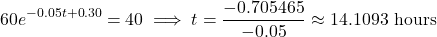 \[60e^{-0.05t + 0.30} = 40 \implies t = \frac{-0.705465}{-0.05} \approx 14.1093\text{ hours}\]