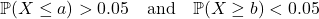 \[\mathbb{P}(X \le a)>0.05 \quad \text{and} \quad \mathbb{P}(X \ge b)<0.05\]