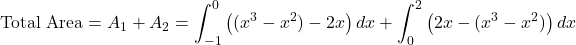 \[\text{Total Area} = A_1 + A_2 = \int_{-1}^{0} \big( (x^3 - x^2) - 2x \big) \, dx + \int_{0}^{2} \big( 2x - (x^3 - x^2) \big) \, dx\]