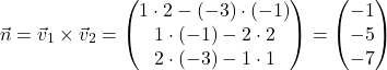\[\vec{n} = \vec{v}_1 \times \vec{v}_2 = \begin{pmatrix} 1\cdot2-(-3)\cdot(-1) \\ 1\cdot(-1)-2\cdot2 \\ 2\cdot(-3)-1\cdot1 \end{pmatrix}=\begin{pmatrix} -1 \\ -5 \\ -7 \end{pmatrix}\]