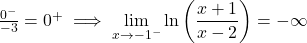 \frac{0^-}{-3} = 0^+ \implies \displaystyle\lim_{x \to -1^-} \ln\left(\frac{x+1}{x-2}\right) = -\infty