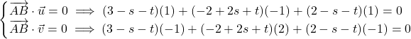 \[\begin{cases} \overrightarrow{AB} \cdot \vec{u} = 0 \implies (3 - s - t)(1) + (-2 + 2s + t)(-1) + (2 - s - t)(1) = 0 \\ \overrightarrow{AB} \cdot \vec{v} = 0 \implies (3 - s - t)(-1) + (-2 + 2s + t)(2) + (2 - s - t)(-1) = 0 \end{cases}\]
