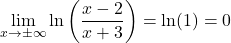 \[\lim_{x \to \pm\infty} \ln\left(\frac{x-2}{x+3}\right) = \ln(1) = 0\]