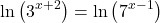 \[\ln\left(3^{x+2}\right) = \ln\left(7^{x-1}\right)\]