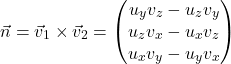 \[\vec{n} = \vec{v}_1 \times \vec{v}_2 = \begin{pmatrix} u_y v_z - u_z v_y \\ u_z v_x - u_x v_z \\ u_x v_y - u_y v_x \end{pmatrix}\]