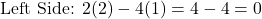 \[\text{Left Side: } 2(2) - 4(1) = 4 - 4 = 0\]