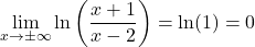 \[\lim_{x \to \pm\infty} \ln\left(\frac{x+1}{x-2}\right) = \ln(1) = 0\]