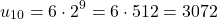 \[u_{10} = 6 \cdot 2^9 = 6 \cdot 512 = 3072\]