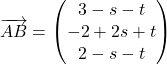 \[\overrightarrow{AB} = \begin{pmatrix} 3 - s - t \\ -2 + 2s + t \\ 2 - s - t \end{pmatrix}\]