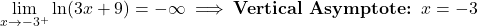 \[\lim_{x \to -3^+} \ln(3x + 9) = -\infty \implies \text{\textbf{Vertical Asymptote: }} x = -3\]