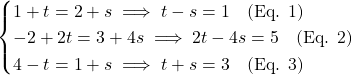 \[\begin{cases} 1 + t = 2 + s \implies t - s = 1 \quad \text{(Eq. 1)} \\ -2 + 2t = 3 + 4s \implies 2t - 4s = 5 \quad \text{(Eq. 2)} \\ 4 - t = 1 + s \implies t + s = 3 \quad \text{(Eq. 3)} \end{cases}\]