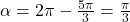 \alpha = 2\pi - \frac{5\pi}{3} = \frac{\pi}{3}