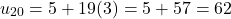 \[u_{20} = 5 + 19(3) = 5 + 57 = 62\]