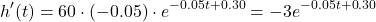\[h'(t) = 60 \cdot (-0.05) \cdot e^{-0.05t + 0.30} = -3e^{-0.05t + 0.30}\]