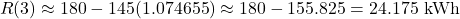 \[R(3) \approx 180 - 145(1.074655) \approx 180 - 155.825 = 24.175\text{ kWh}\]