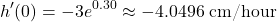 \[h'(0) = -3e^{0.30} \approx -4.0496\text{ cm/hour}\]