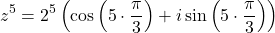 \[z^5 = 2^5\left(\cos\left(5 \cdot \frac{\pi}{3}\right) + i\sin\left(5 \cdot \frac{\pi}{3}\right)\right)\]