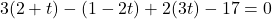 \[3(2 + t) - (1 - 2t) + 2(3t) - 17 = 0\]