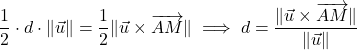\[\frac{1}{2} \cdot d \cdot \|\vec{u}\| = \frac{1}{2} \|\vec{u} \times \overrightarrow{AM}\| \implies d = \frac{\|\vec{u} \times \overrightarrow{AM}\|}{\|\vec{u}\|}\]