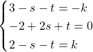 \[\begin{cases} 3 - s - t = -k \\ -2 + 2s + t = 0 \\ 2 - s - t = k \end{cases}\]