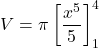 \[V = \pi \left[ \frac{x^5}{5} \right]_1^4\]