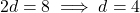 \[2d = 8 \implies d = 4\]