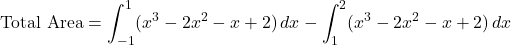 \[\text{Total Area} = \int_{-1}^{1} (x^3 - 2x^2 - x + 2) \, dx - \int_{1}^{2} (x^3 - 2x^2 - x + 2) \, dx\]