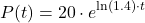 \[P(t) = 20 \cdot e^{\ln(1.4) \cdot t}\]