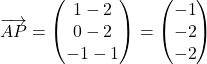 \[\overrightarrow{AP} = \begin{pmatrix} 1 - 2 \\ 0 - 2 \\ -1 - 1 \end{pmatrix} = \begin{pmatrix} -1 \\ -2 \\ -2 \end{pmatrix}\]