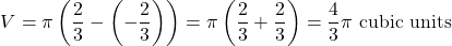 \[V = \pi \left( \frac{2}{3} - \left(-\frac{2}{3}\right) \right) = \pi \left( \frac{2}{3} + \frac{2}{3} \right) = \frac{4}{3}\pi \text{ cubic units}\]
