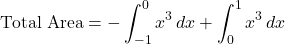 \[\text{Total Area} = -\int_{-1}^{0} x^3 \, dx + \int_{0}^{1} x^3 \, dx\]